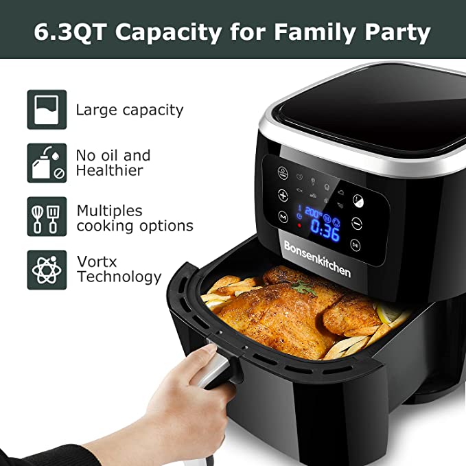 Bonsenkitchen Digital Air Fryer, 6L Large Air Fryer with 8 Menus, 1700W Oil Free Cooking with Timer & Temperature Control, Nonstick Basket, AF8001
