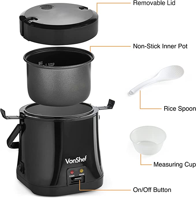 VonShef Small Rice Cooker 0.3L – Electric Rice Steamer for 2 with Keep Warm Function 200W, Removable Non Stick Rice Pot – Measuring Cup and Spatula