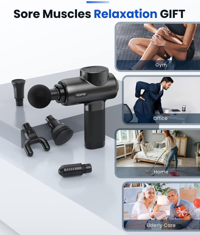 A deep muscle massager gun is a handheld massage tool which applies pulses of concentrated pressure deep into your muscle tissue. It helps relieve joint soreness, muscle tension, chronic pains, and can be used for daily relaxation.