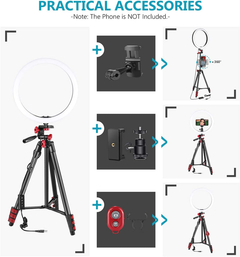 Neewer 10-inch LED Ring Light Selfie Ring Light with Tripod Stand, 3 Light Modes Dimmable Ringlight with 54inches Tripod and Phone Holder