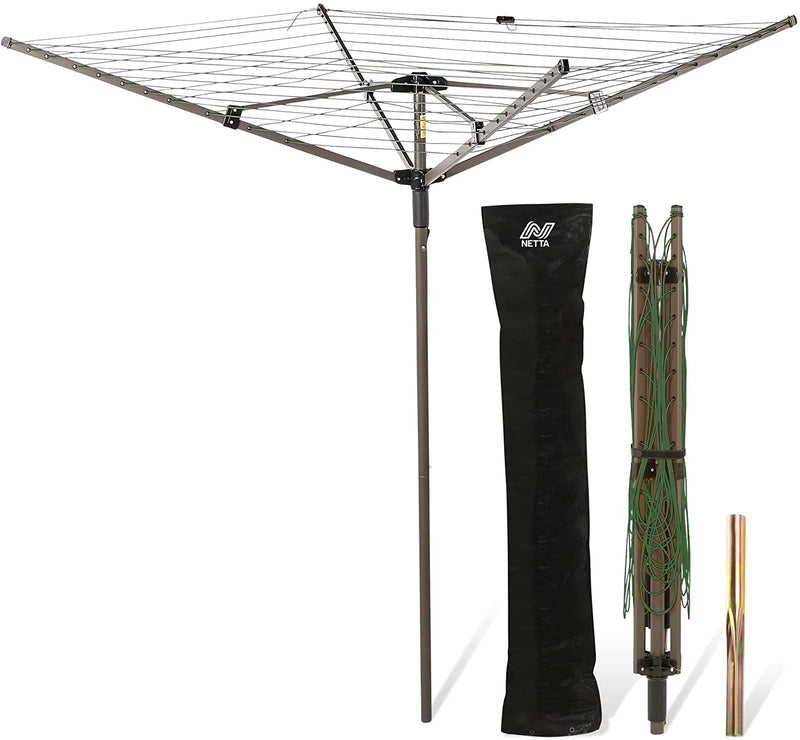 NETTA Rotary Washing Line 4 Arm 45M Dark Green, Cover And Ground Spike Included - Laundry Airer, Clothes Dryer, Garden Washing Line