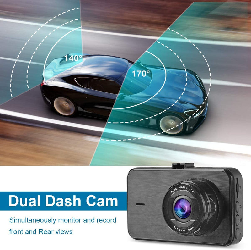 Dash Cam Front and Rear with SD Card FHD 1080P 3”IPS Screen Dual Camera DVR Car Recorder Night Vision Parking Mode Motion Detection Loop Recording