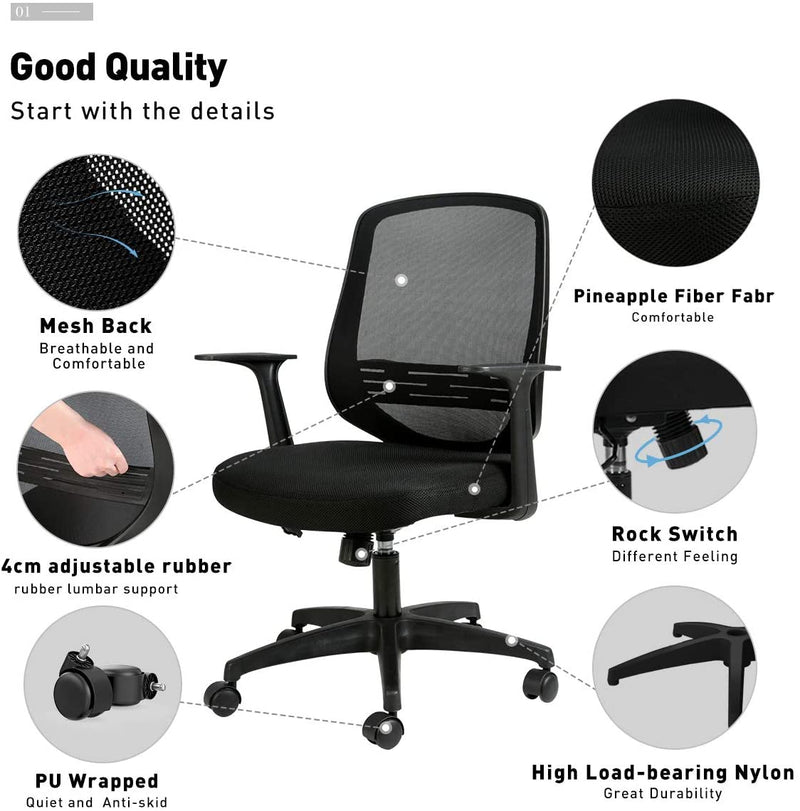 Hbada Office Chair Ergonomic Desk Chair with Breathable Mesh Back, Armrest and Adjustable Lumbar Support, Height Adjustable Computer Chair, Black