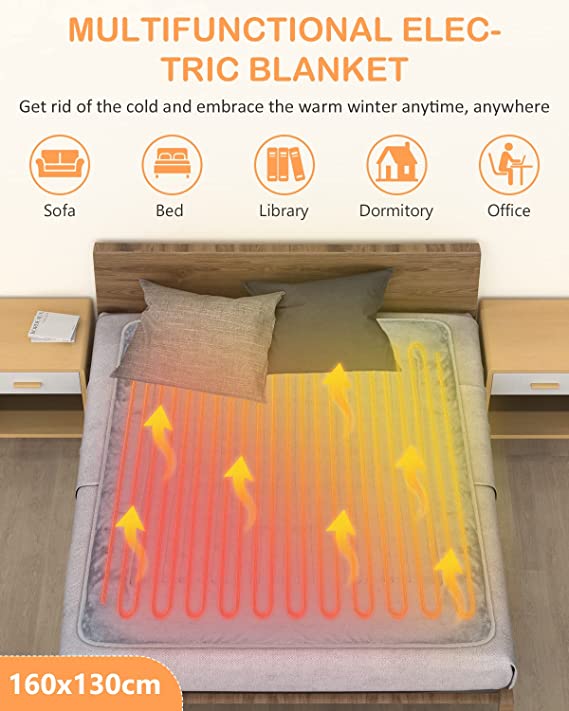 FIVANGIN Electric Blanket, 160x130cm Heated Throw Blanket with 9 Heat Settings, 9 Hours Timer Function, Fleece Heated blanket - Machine Washable