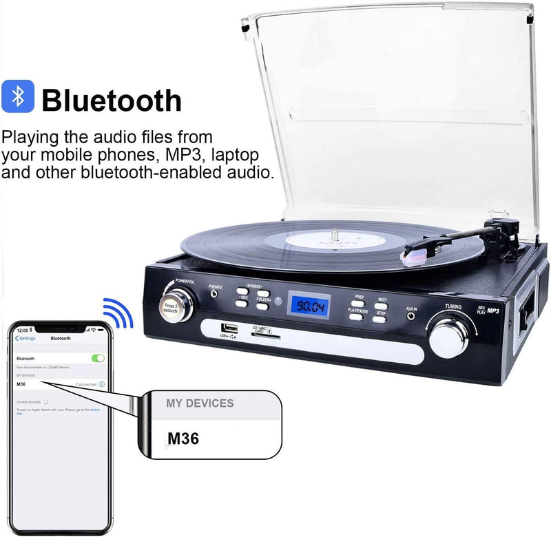 DIGITNOW! Vinyl Record Player, Bluetooth Turntable with Stereo Speakers, Cassette Play, AM/FM Radio, Remote Control, 3.5mm Music Output Jack