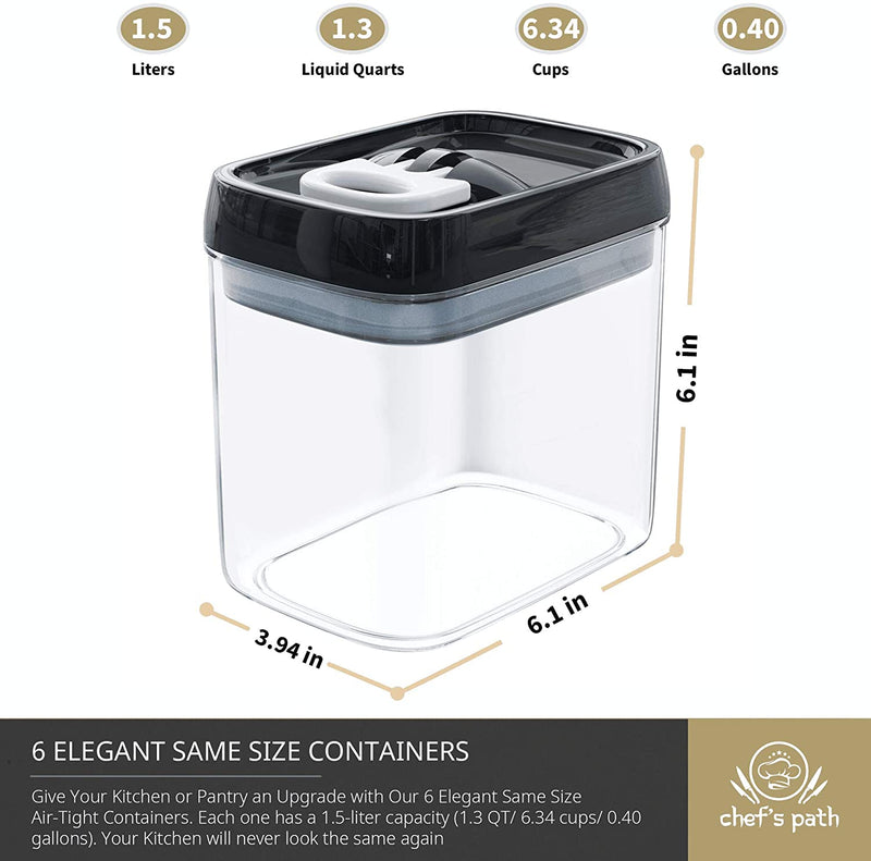 Chef's Path Airtight Food Storage Container Set - Kitchen & Pantry Containers - BPA-Free - Clear Plastic Canisters with Durable Lids 6 Piece Set 1.5L