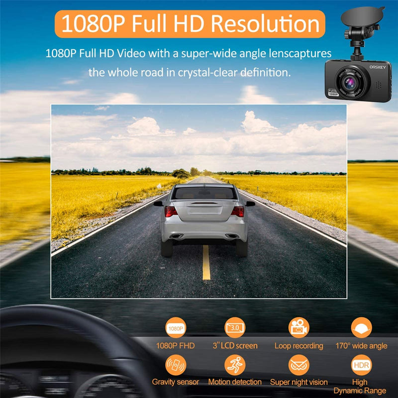 ORSKEY Dash Cam for Cars Front and Rear 1080P Full HD In Car Camera Dual Lens Dashcam 170 Wide Angle Sony Sensor, Loop Recording with SD Card