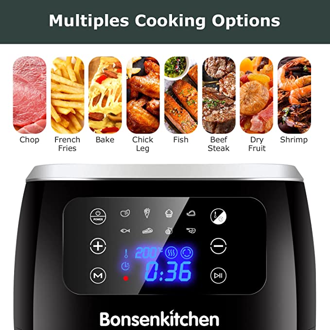 Bonsenkitchen Digital Air Fryer, 6L Large Air Fryer with 8 Menus, 1700W Oil Free Cooking with Timer & Temperature Control, Nonstick Basket, AF8001