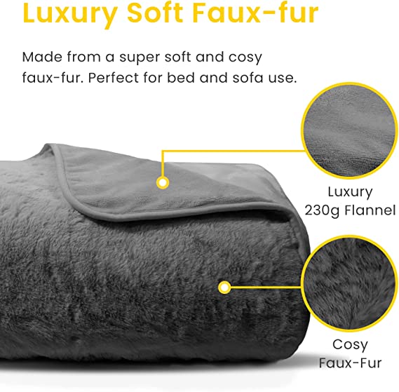 Cosi Home Luxury Fur Heated Throw - Electric Blanket with 9 Heat Settings, Timer and Overheat Protection - Machine Washable with Remote Control - Grey