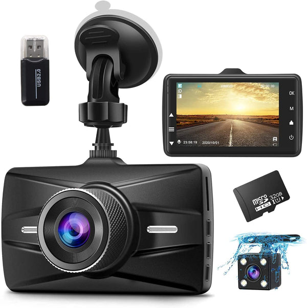 Dash Cam Front and Rear 1080P Full HD with 32GB SD Card Car Dual Camera with F1.8 3 Inch IPS Screen Dashcam 170° Wide Angle, Loop Recording, G-sensor
