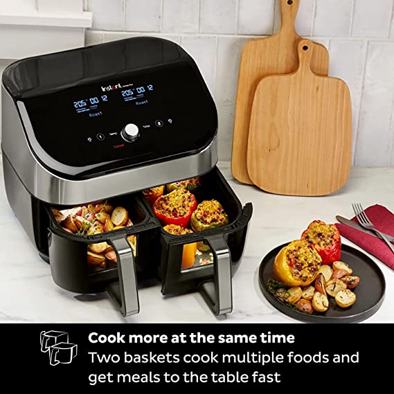 Instant Vortex Plus Digital Health Air Fryer Oven - Dual Basket with ClearCook Windows - 7.6L, 8-in-1 Cooking Programmes, Stainless Steel, 1700W