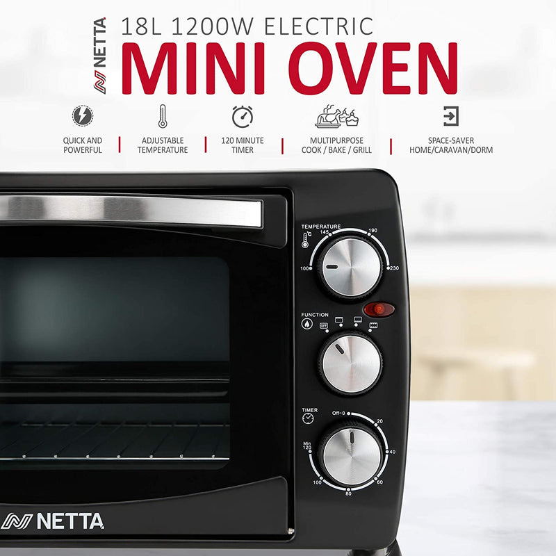 NETTA Mini Oven 18L Portable Electric Grill - Multi Cooking Function Grill and Bake - Adjustable Temperature Control, Timer - 1200W