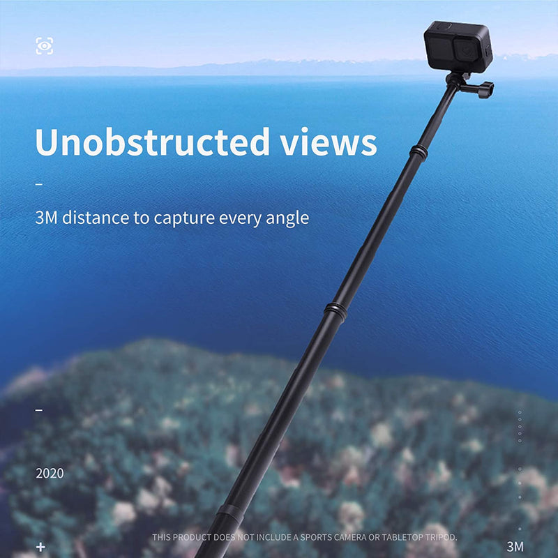 TELESIN 118"/3 Meters Ultra Long Selfie Stick for GoPro Max Hero 10 9 8 7, Insta 360 One R One X, DJI Osmo Action, Extendable Carbon Fiber Monopod