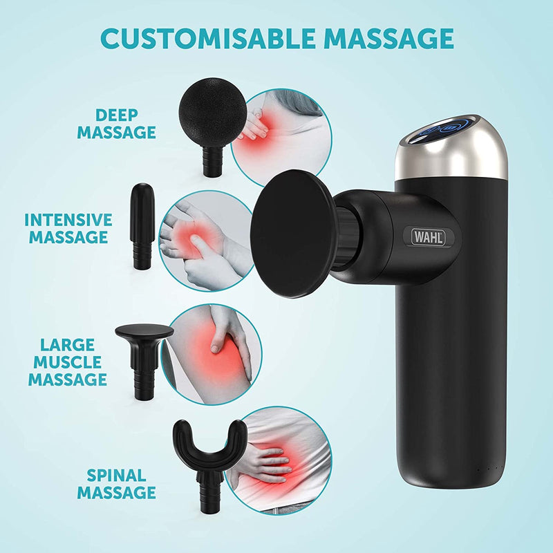 This handheld muscle massager comes with 4 unique attachments that include a Round Head, Bullet Head, Flat Head and Spinal Head, designed to reach everyday tensions, providing comfort and relaxation anytime and anywhere.