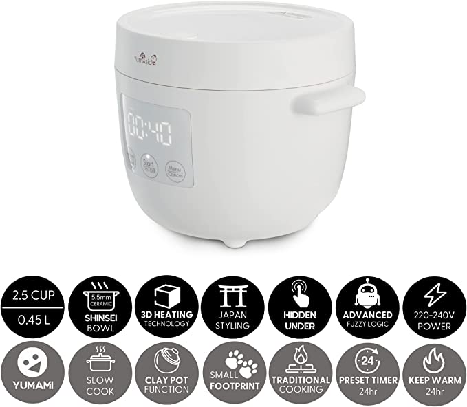 Yum Asia Tsuki Mini Rice Cooker with Shinsei Ceramic Bowl (2.5 cups, 0.45 litre) 5 Rice Cooking Functions, 2 Multicooker Functions, White