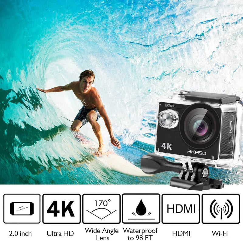 AKASO EK7000 4K Sport Action Camera Camcorder 12MP WiFi Waterproof 2 Inch LCD Screen, 2.4G Remote Control, 2x Rechargeable Batteries, 19 Accessory Kit
