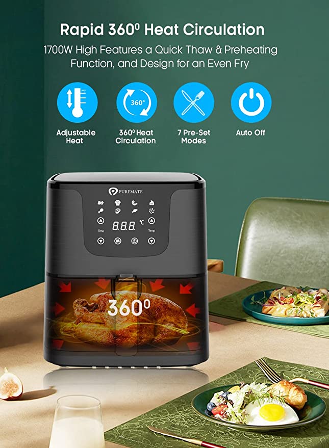 PureMate Digital Air Fryer Oven with Recipes Cook Book, 5.5L, 1700W, 7 Preset, LED One Touch Screen, Timer & Temperature Control for Low Fat Cooking