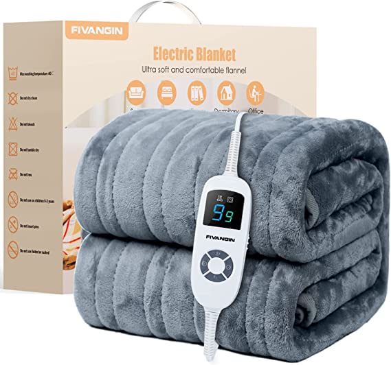 FIVANGIN Electric Blanket, 160x130cm Heated Throw Blanket with 9 Heat Settings, 9 Hours Timer Function, Fleece Heated blanket - Machine Washable
