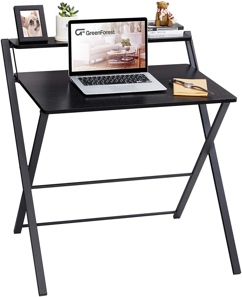 GreenForest Folding Desk No Assembly Required, 2-Tier Small Computer Desk with Shelf Space Saving Foldable Table for Small Spaces, Black