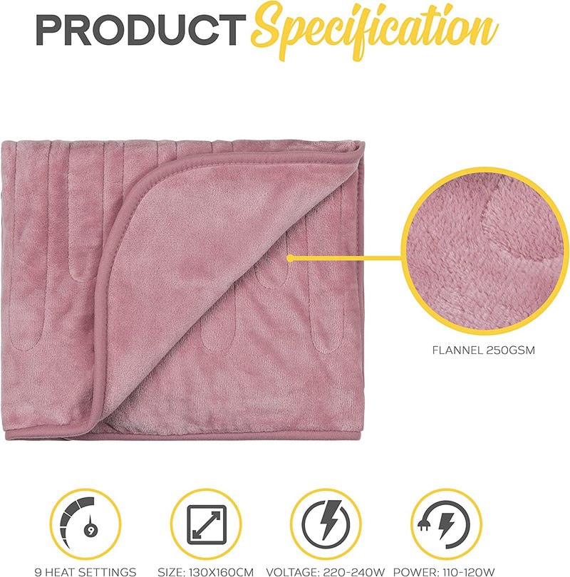 MONHOUSE Heated Throw - Electric Blanket, Remote Controller, Timer up to 9 hours, 9 Heat Settings, Auto Shutoff - Machine Washable - 130X160cm - PINK