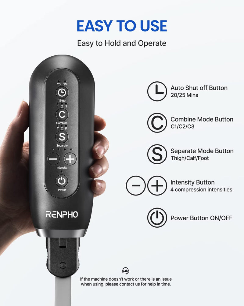 RENPHO Leg Massager with Improved Remote Control, Circulation Booster for Feet and Legs, Air Compression Massage for Calf Thigh, Muscles Relaxation