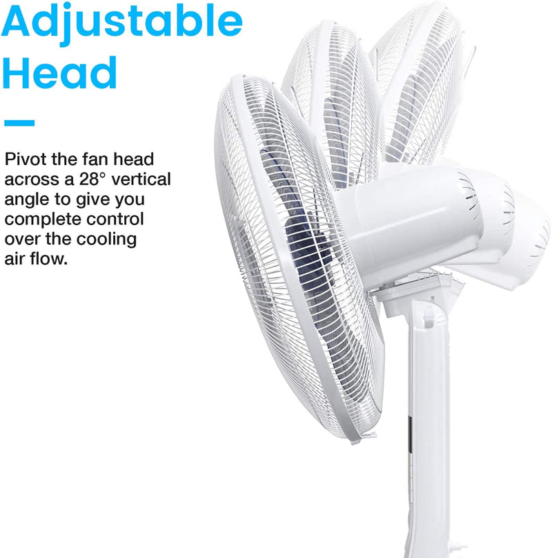 Pro Breeze 16-Inch Pedestal Fan with Remote Control and LED Display - 4 Modes - 80° Oscillation - Adjustable Height & Pivoting Fan Head, White