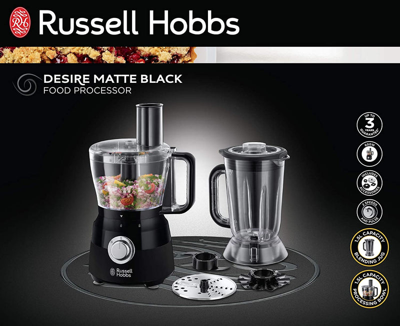 Russell Hobbs 24732 Desire Food Processor, 1.5 Litre Food Mixer with 5 Chopping, Slicing and Dough Attachments, Matte Black, 600 W