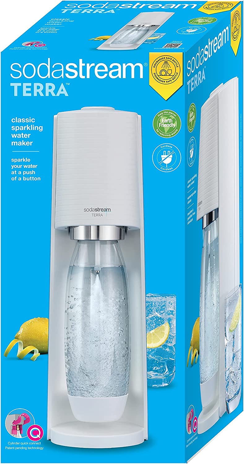 SodaStream Terra Sparkling Water Maker Machine with 1 Litre Reusable BPA-Free Water Bottle for Carbonating & 60 L Quick Connect CO2 Gas Cylinder White
