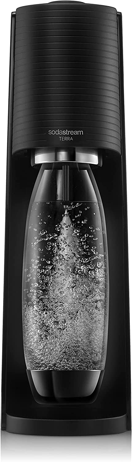 SodaStream Terra Sparkling Water Maker Machine with 1 Litre Reusable BPA-Free Water Bottle for Carbonating & 60 L Quick Connect CO2 Gas Cylinder Black