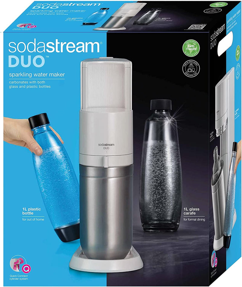 Sodastream Duo Sparkling Water Maker Machine, with 1 Litre Reusable BPA-Free Plastic Water Bottle + 1 L Glass Carafe & 60 Litre CO2 Gas Cylinder White