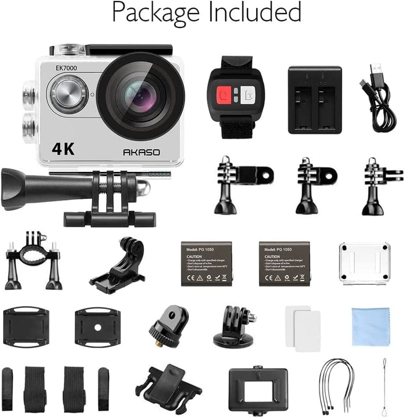 AKASO EK7000 4K Sport Action Camera Ultra HD Camcorder 12MP WiFi Waterproof Camera with 2 Rechargeable Batteries, 19 Accessories Kit - Silver