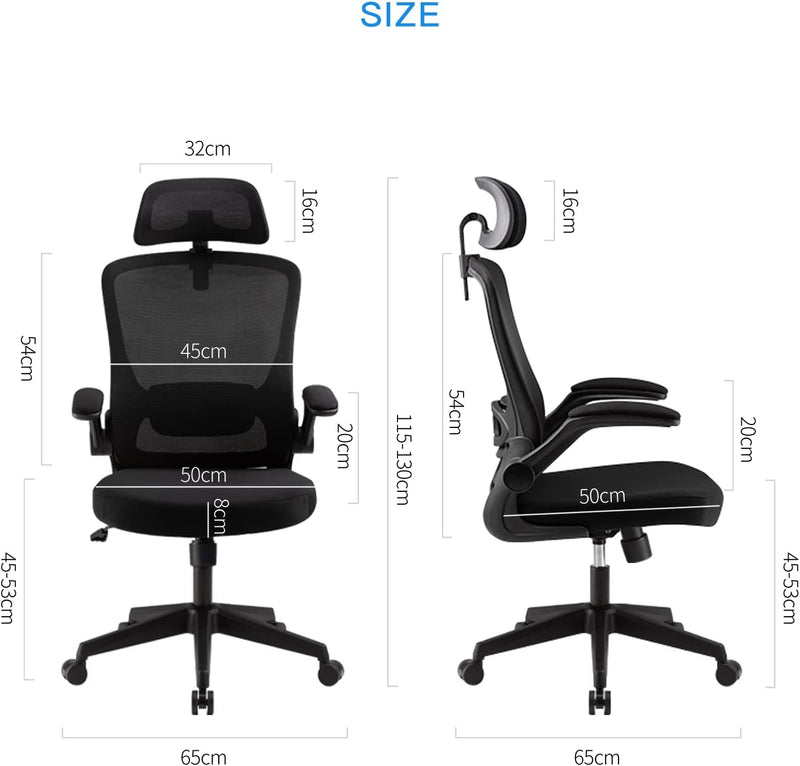 Magic Life Ergonomic Office Chair - High Back Desk Chair with Adjustable Headrest, Flip-up Armrests and Lumbar Support Computer Chair Black