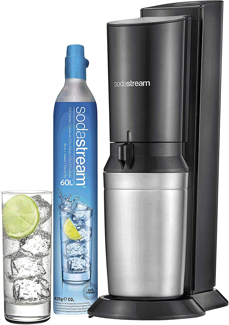SodaStream Crystal Sparkling Water Maker Machine with 600 ml Reusable Glass Carafe for Carbonating and 60 L CO2 Gas Cylinder - Black