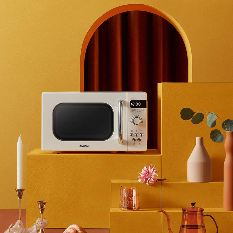 COMFEE' Retro Style 800w 20L Microwave Oven with 8 Auto Menus, 5 Cooking Power Levels, and Express Cook Button - Apricot Cream - CM-M202RAF(CM)