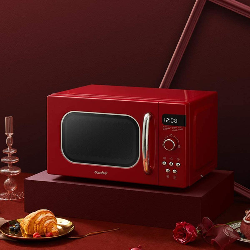 COMFEE' Retro Style 800w 20L Microwave Oven with 8 Auto Menus, 5 Cooking Power Levels, and Express Cook Button - Passionate Red - CM-M202RAF(RD)