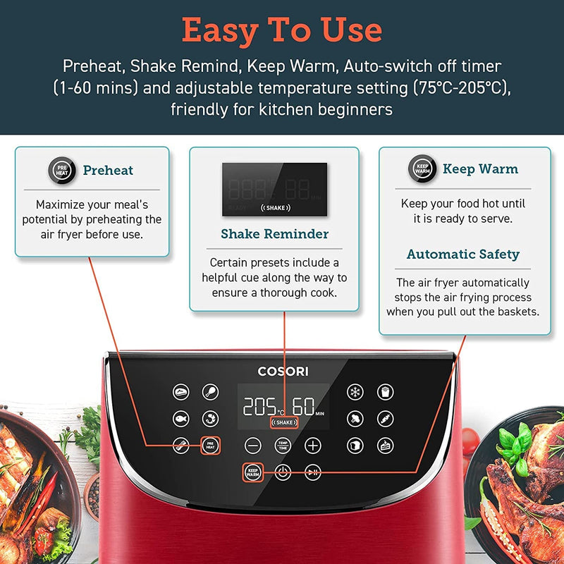 COSORI Air Fryer Oven with 100 Recipes Cookbook, XL 5.5 L, 1700 Watt, Digital Touchscreen with 11 Presets, Oil Free Hot Cooker, Nonstick Basket Red