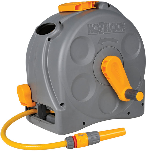 Hozelock 2415 0000 Compact 2in1 Hose Reel Wall Mounted with 25m Hose, Grey/Yellow