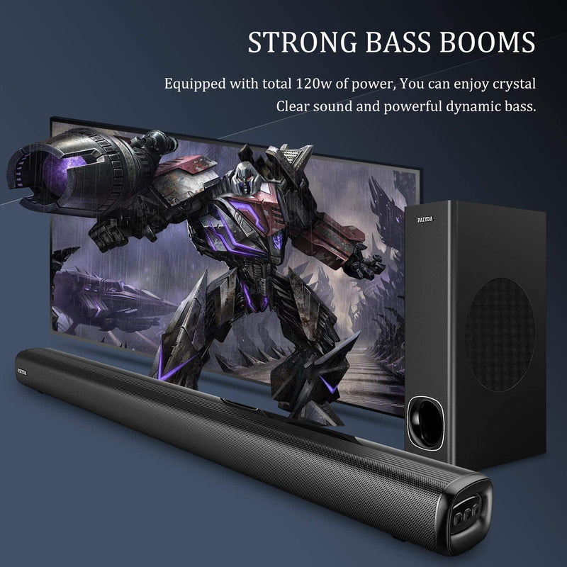Paiyda 2.1 Channel Soundbar with Subwoofer, 120W Soundbar for TV, 120 dB Strong Bass Surround Sound System, Remote, Optical/AUX/Coaxial/USB Connection