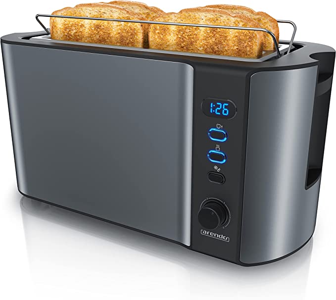 Arendo - Frukost 4 slice long slot toaster -  with warming rack – 6 browning settings – auto bread centring – reheat defrost cancel function - Grey
