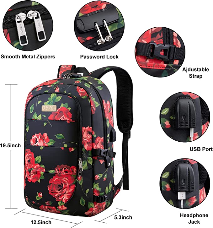 AMBOR Laptop Backpack 17.3 Inch for Women, Anti-Theft Travel Rucksack Bag with USB Charging Port, Water Resistant College School Daypack Red Roses