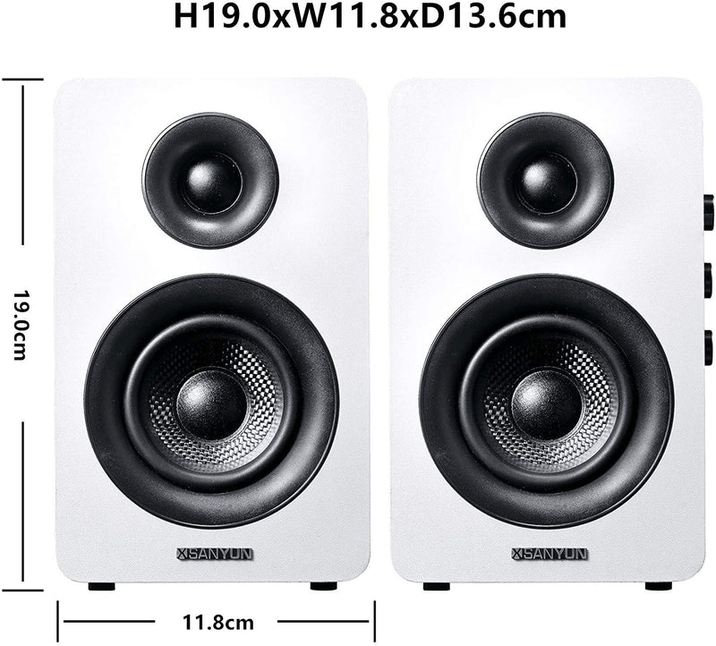 Sanyun SW208 3" Active Bluetooth 5.0 Bookshelf Speakers – 60W Carbon Fiber Speaker Unit - Built-in 24bit DAC - Dynamic 3D Surround Sound (Pair, White)