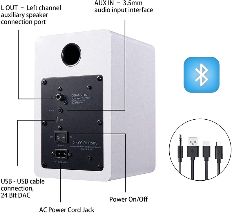 Sanyun SW208 3" Active Bluetooth 5.0 Bookshelf Speakers – 60W Carbon Fiber Speaker Unit - Built-in 24bit DAC - Dynamic 3D Surround Sound (Pair, White)