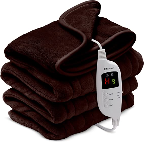 CozyMate Heated Throw - Luxurious Electric Blanket - Large 160x130cm with 9 Heat Settings and Timer, Machine Washable with Digital Controller, Brown