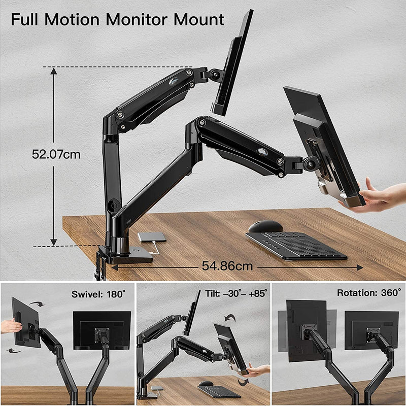 HUANUO Dual Monitor Stand for 15-35 inch Ultrawide Screens, Gas Spring Dual Monitor Arm Desk Mount with USB Port, Adjustable Dual Monitor Mount