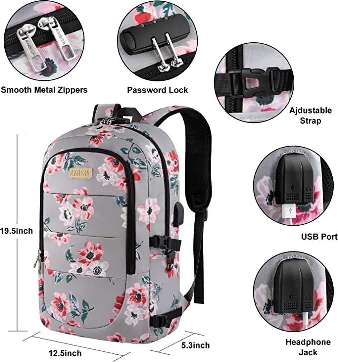 AMBOR Laptop Backpack 17.3 Inch for Women, Anti-Theft Travel Rucksack Bag with USB Charging Port, Water Resistant College School Daypack Floral
