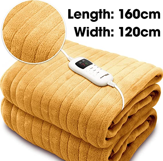 Dreamcatcher Luxurious Electric Throw Heated Throw Blanket, Large 160 x 120cm Soft Fleece, Large Overblanket with Timer 9 Control Heat Settings Gold