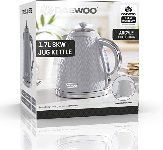 Daewoo SDA1820 Argyle 1.7L Electric Kettle, Removable & Washable Limescale Filter Lid Opening, Auto/Manual Switch Off (220-240V/50-60Hz/3KW), Grey