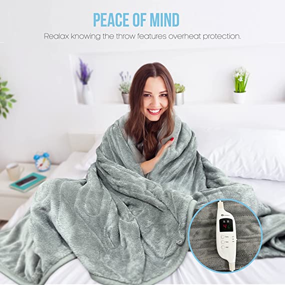 CozyMate Heated Throw - Luxurious Electric Blanket - Large 160x130cm with 9 Heat Settings and Timer, Machine Washable with Digital Controller, Grey