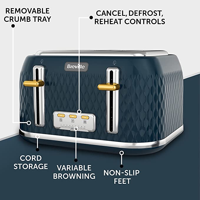 Breville Curve 4-Slice Toaster with High Lift and Wide Slots | Navy & Gold [VTT965]