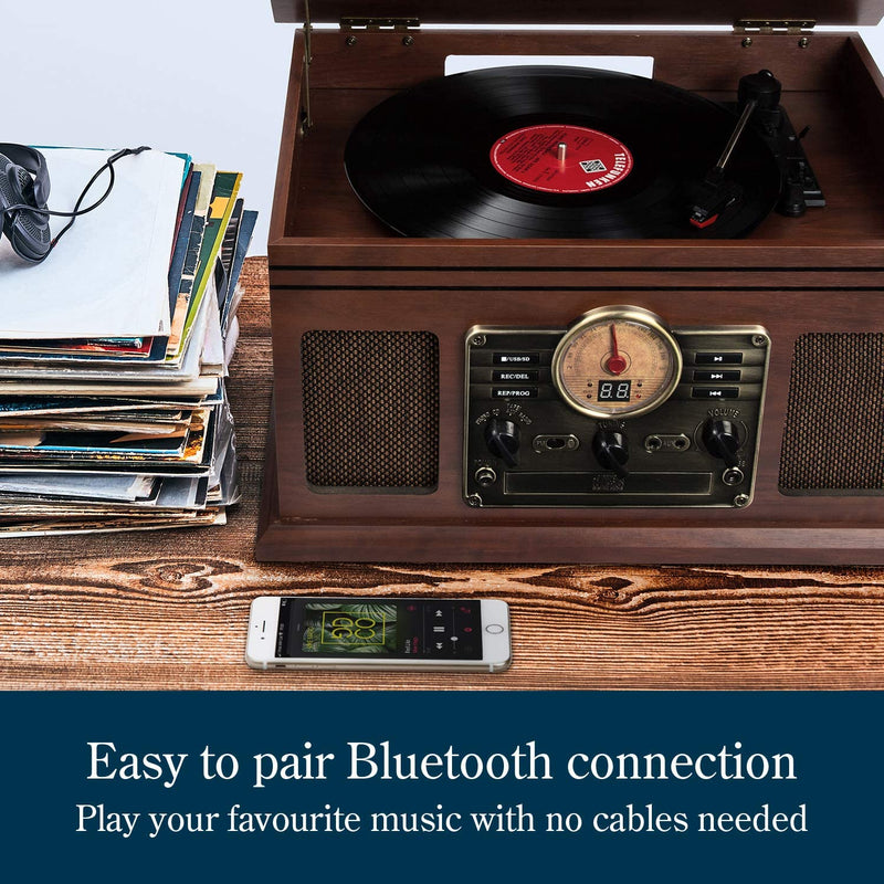 Record Player Vinyl Turntable with Speakers – USB MP3 Playback/ Bluetooth/ FM Radio/ CD & Cassette Player/ Vinyl LP Records/ SD Card Reader